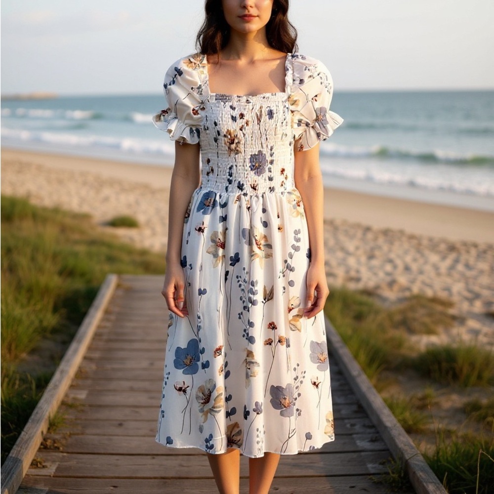 Floral White Dress with Blue Accents